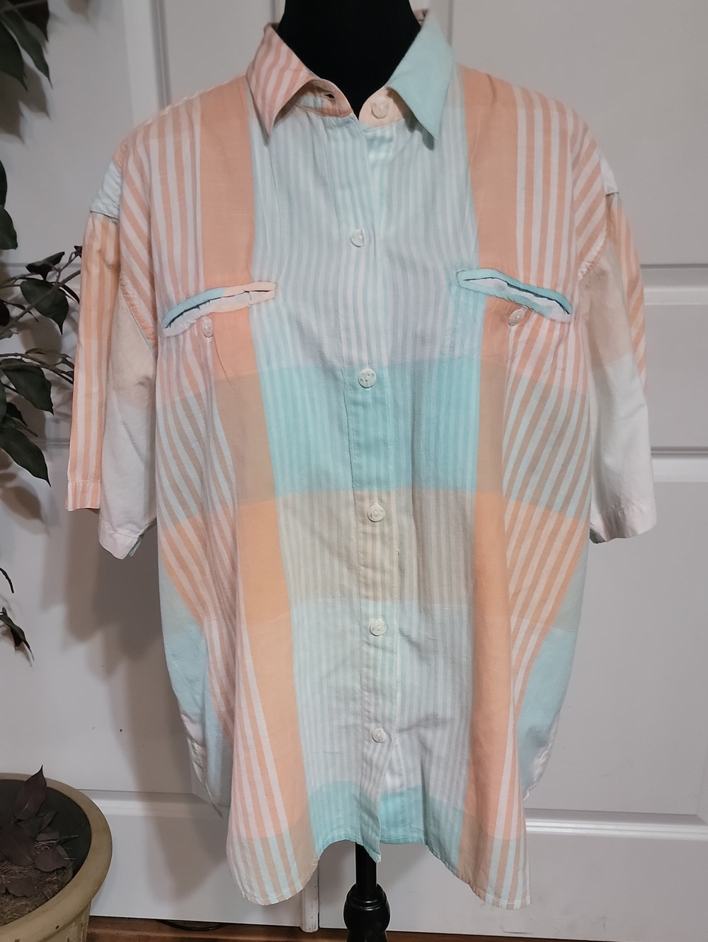 (#33) Pastel Stripe Short-Sleeve Button Front Blouse